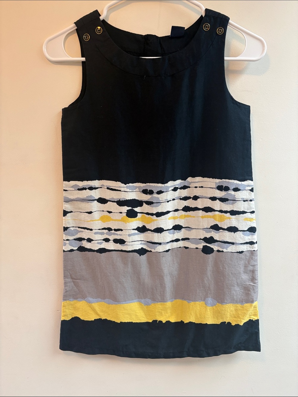 Girls Navy Sleeveless Casual Dress with Yellow & Gray Stripes